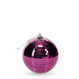 A shiny pink disco ball with reflective tiles hangs against a white background, evoking a vibrant and festive atmosphere.