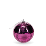 A shiny pink disco ball with reflective tiles hangs against a white background, evoking a vibrant and festive atmosphere.