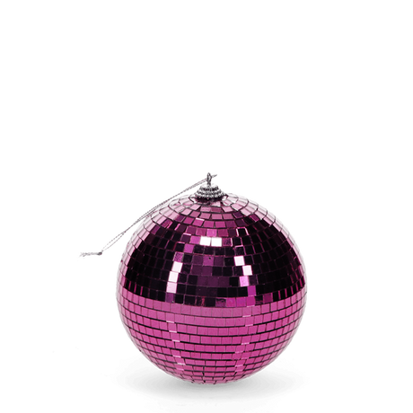 A shiny pink disco ball with reflective tiles hangs against a white background, evoking a vibrant and festive atmosphere.