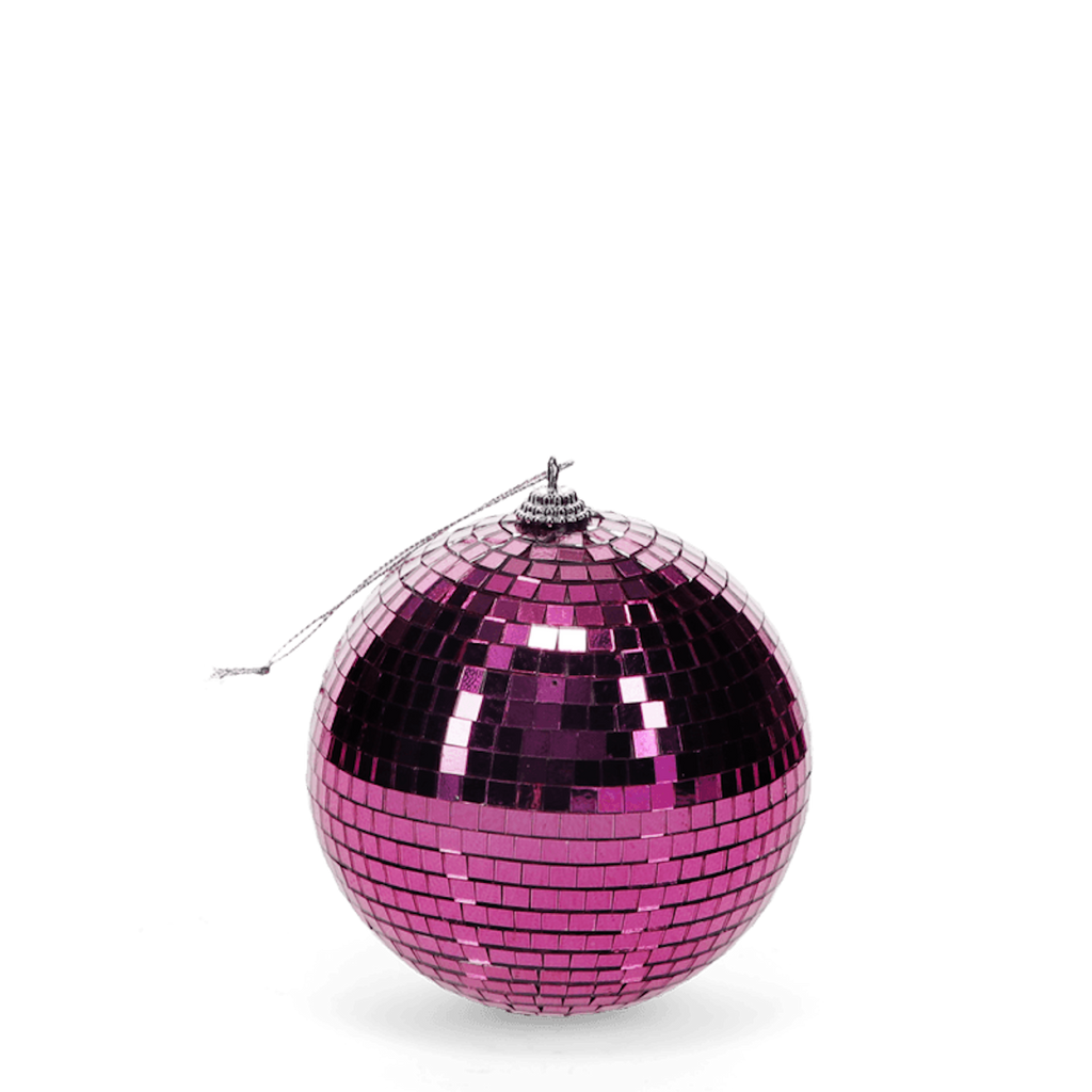 A shiny pink disco ball with reflective tiles hangs against a white background, evoking a vibrant and festive atmosphere.