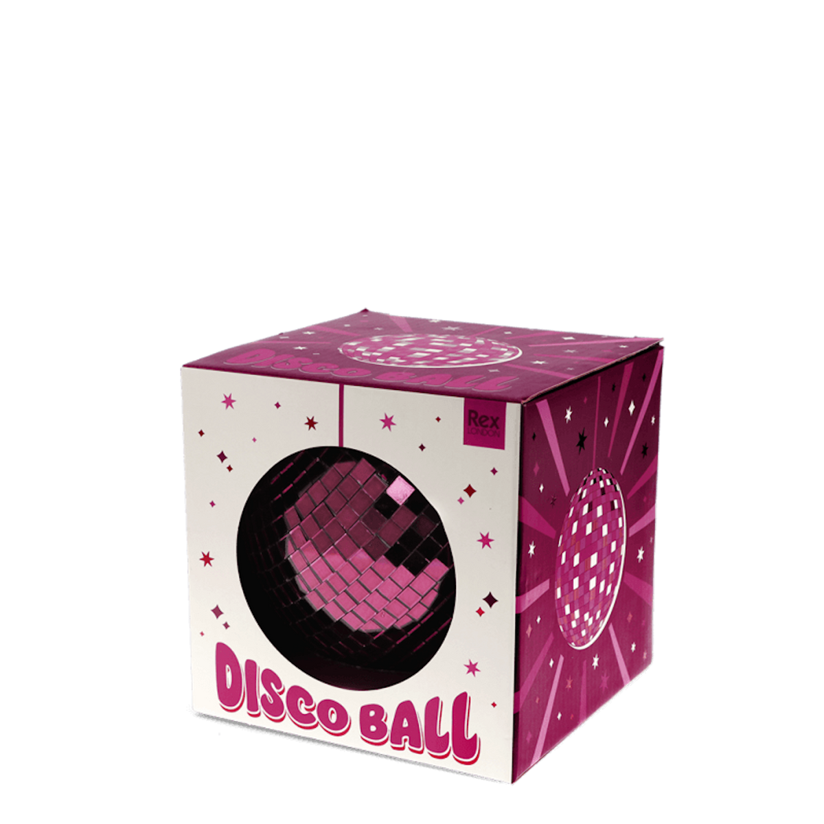Plum disco ball packaged inside a white and pink box with star illustrations on a white background.