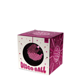 Plum disco ball packaged inside a white and pink box with star illustrations on a white background.