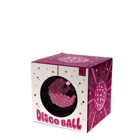 Plum disco ball packaged inside a white and pink box with star illustrations on a white background.