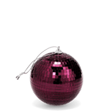 A plum purple disco ball with a silver hanging loop on a white background.
