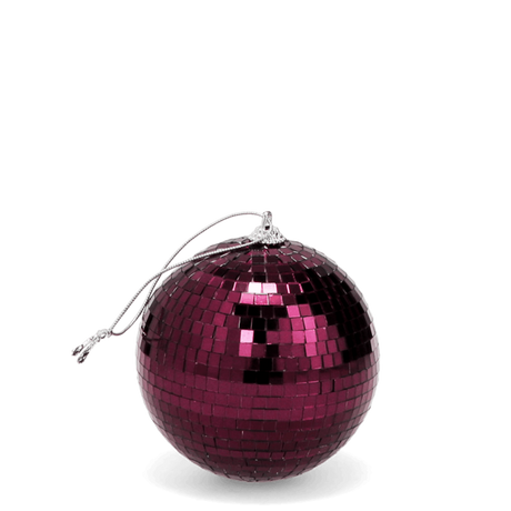 A plum purple disco ball with a silver hanging loop on a white background.