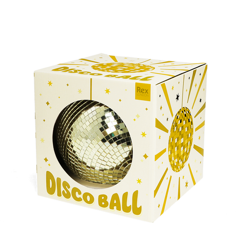 A gold mirror disco ball inside its white and gold illustrated box on a white background.