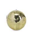 A shimmering gold mirrored disco ball with a silver hanging loop on a white background.