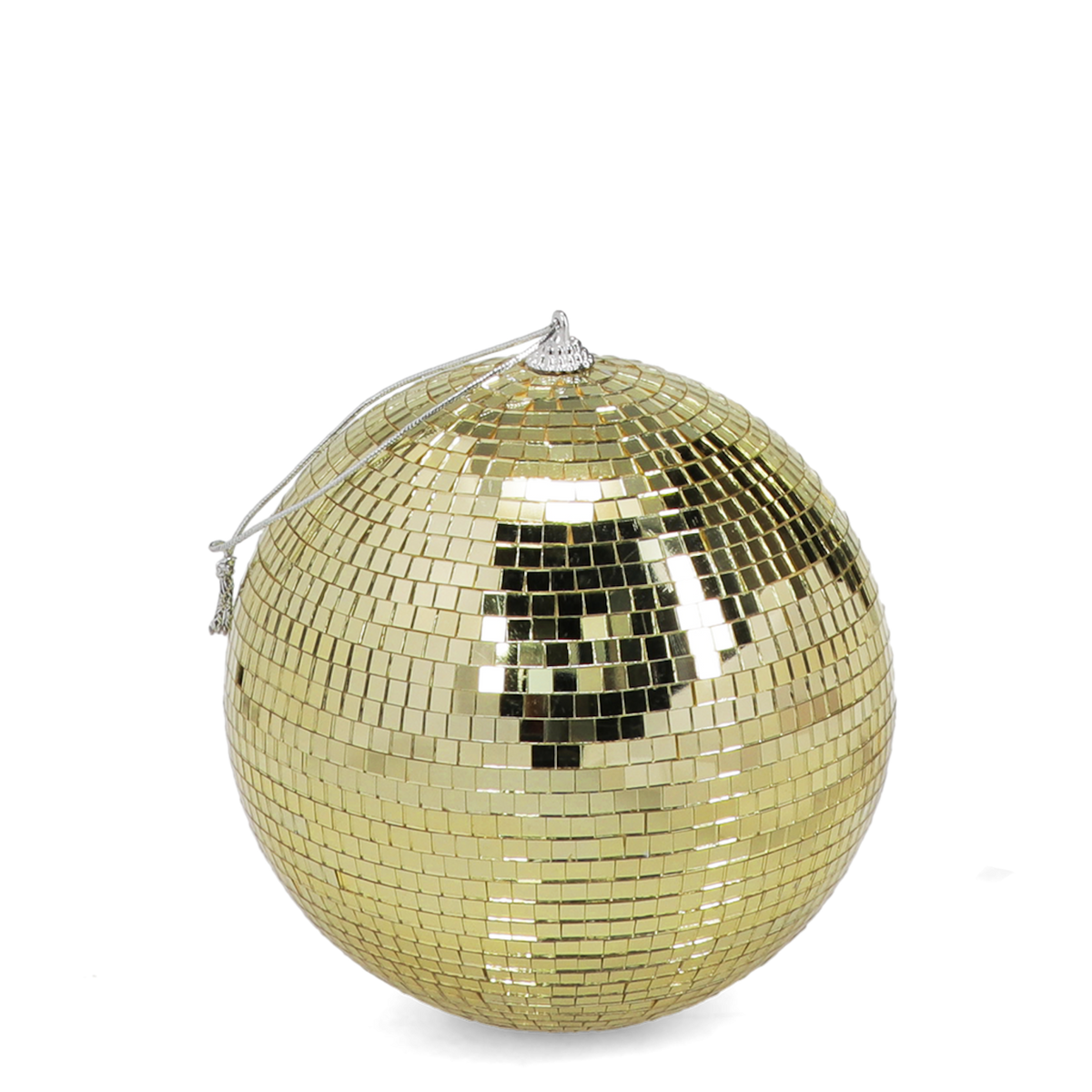 A shimmering gold mirrored disco ball with a silver hanging loop on a white background.