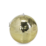 A shimmering gold mirrored disco ball with a silver hanging loop on a white background.
