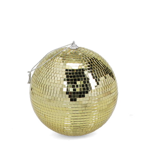 A shimmering gold mirrored disco ball with a silver hanging loop on a white background.