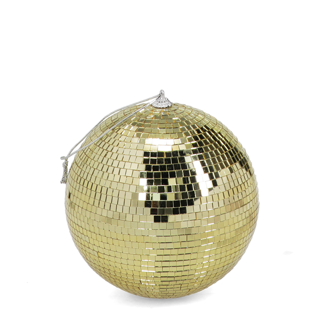 A shimmering gold mirrored disco ball with a silver hanging loop on a white background.