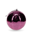 A shiny pink disco ball with reflective tiles hangs against a white background, evoking a vibrant and festive atmosphere.