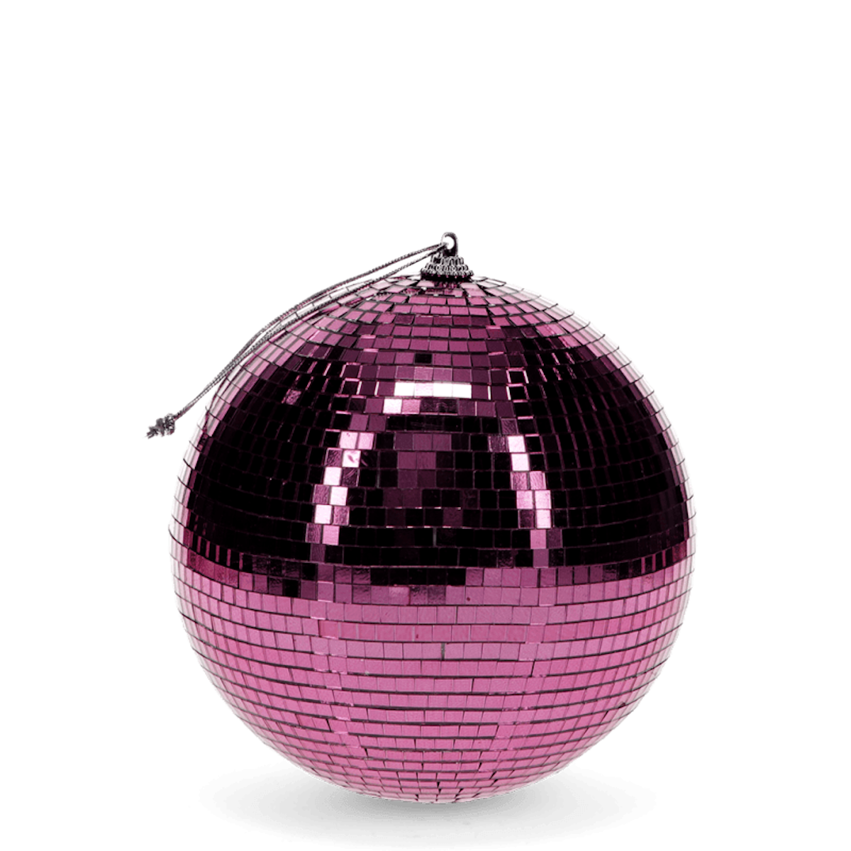 A shiny pink disco ball with reflective tiles hangs against a white background, evoking a vibrant and festive atmosphere.