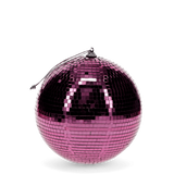 A shiny pink disco ball with reflective tiles hangs against a white background, evoking a vibrant and festive atmosphere.