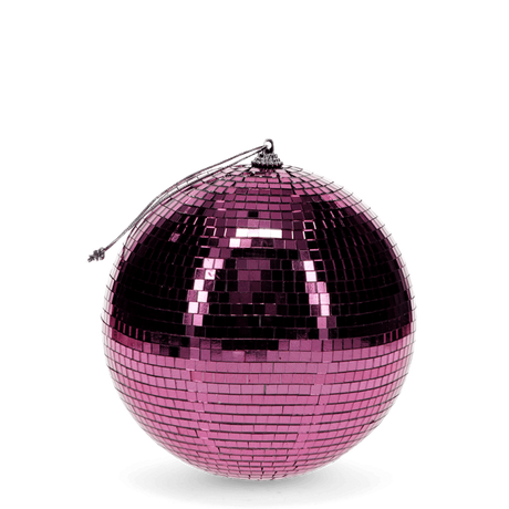 A shiny pink disco ball with reflective tiles hangs against a white background, evoking a vibrant and festive atmosphere.