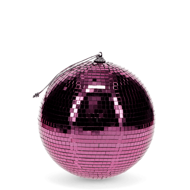 A shiny pink disco ball with reflective tiles hangs against a white background, evoking a vibrant and festive atmosphere.