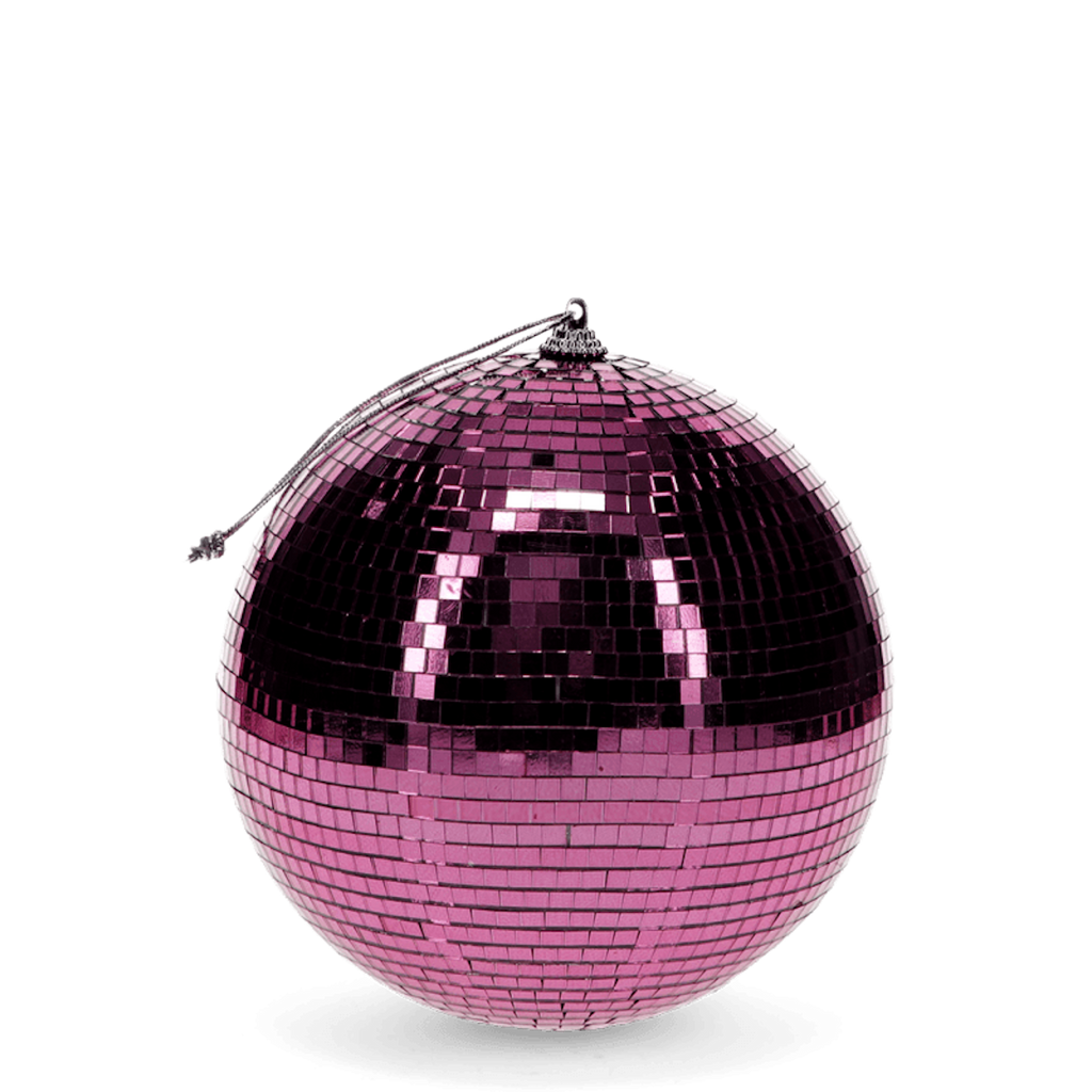 A shiny pink disco ball with reflective tiles hangs against a white background, evoking a vibrant and festive atmosphere.