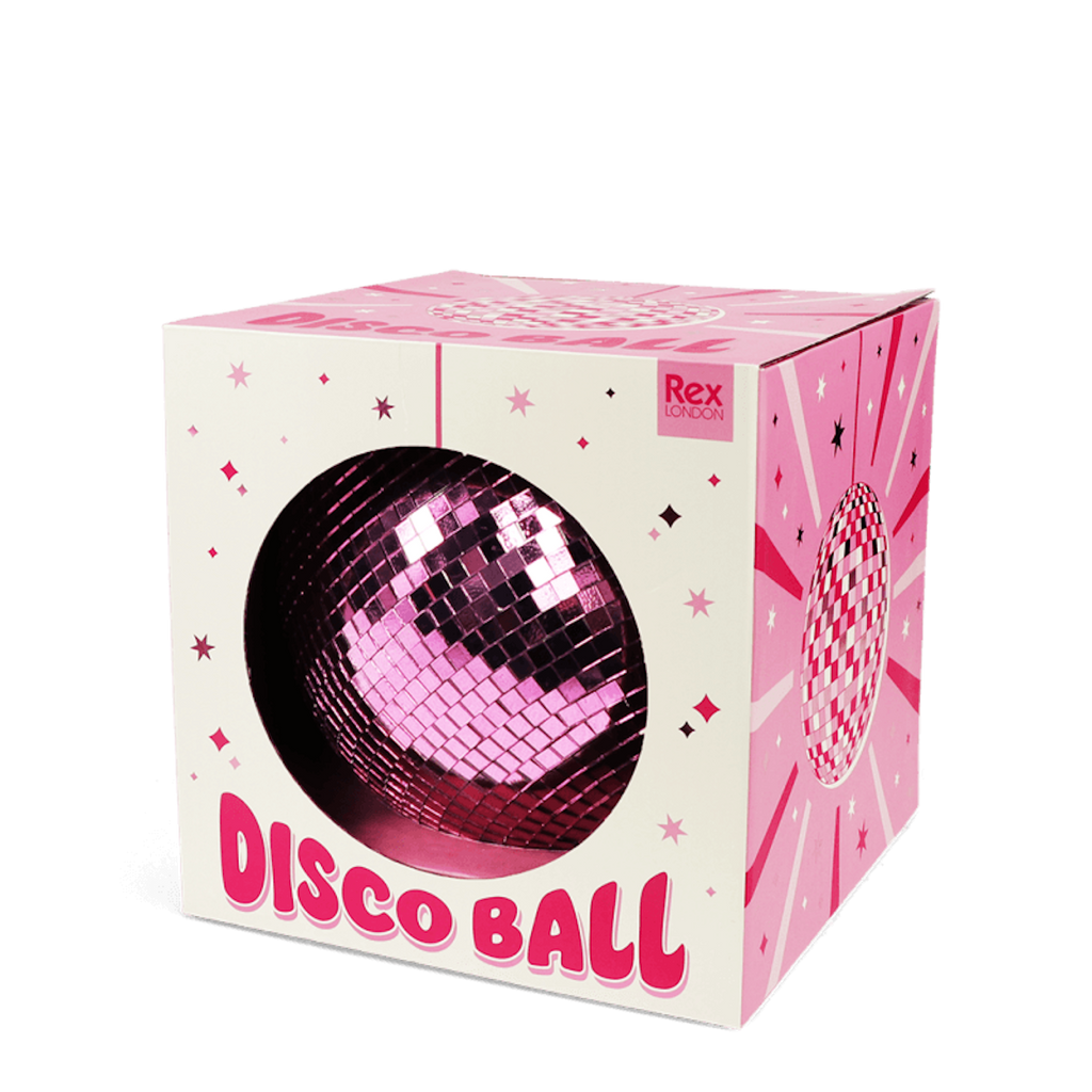 A pink disco ball partially exposed in a colorful box with star patterns, labeled "Disco Ball" and "Rex London," set against a white background.