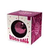 A plum-colored disco ball inside its retail box with a circular window on a white background.