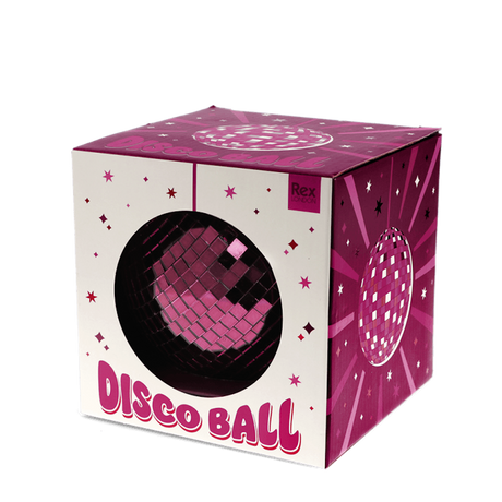 A plum-colored disco ball inside its retail box with a circular window on a white background.