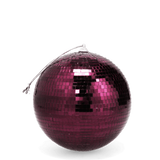 Plum-colored mirrored disco ball with a silver hanging loop against a white background.