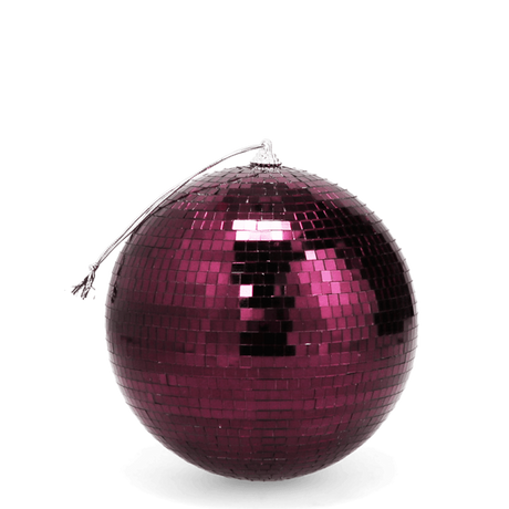 Plum-colored mirrored disco ball with a silver hanging loop against a white background.