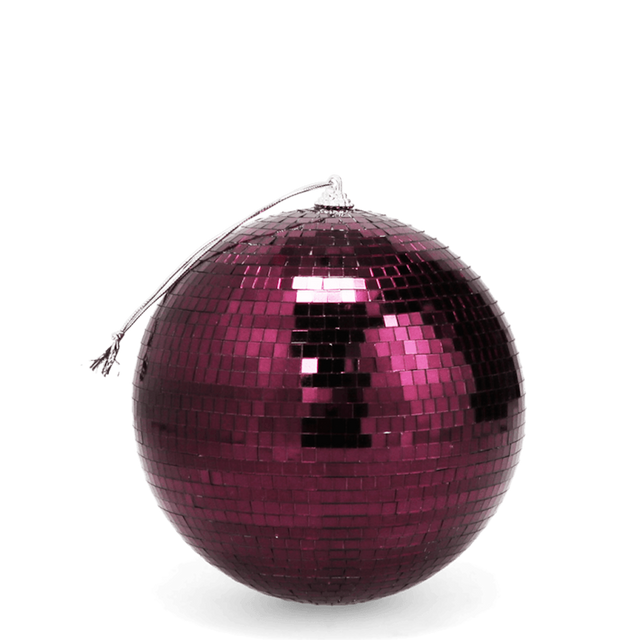 Plum-colored mirrored disco ball with a silver hanging loop against a white background.