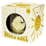 A gold mirror disco ball inside its white and gold Rex London display box against a white background.