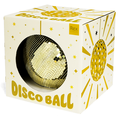 A gold mirror disco ball inside its white and gold Rex London display box against a white background.