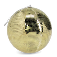 A large, shimmering gold disco ball with a silver hanging string on a white background.