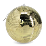 A large, shimmering gold disco ball with a silver hanging string on a white background.
