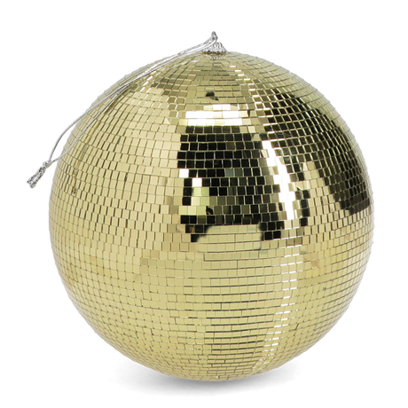 A large, shimmering gold disco ball with a silver hanging string on a white background.