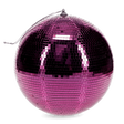 A shiny pink disco ball with reflective tiles hangs against a white background, evoking a vibrant and festive atmosphere.