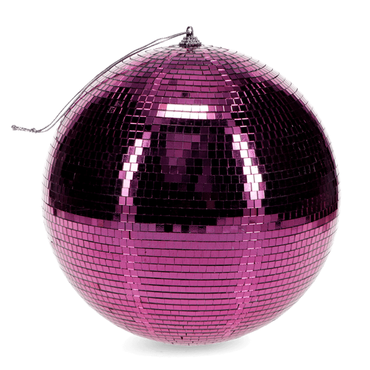 A shiny pink disco ball with reflective tiles hangs against a white background, evoking a vibrant and festive atmosphere.