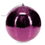 A shiny pink disco ball with reflective tiles hangs against a white background, evoking a vibrant and festive atmosphere.