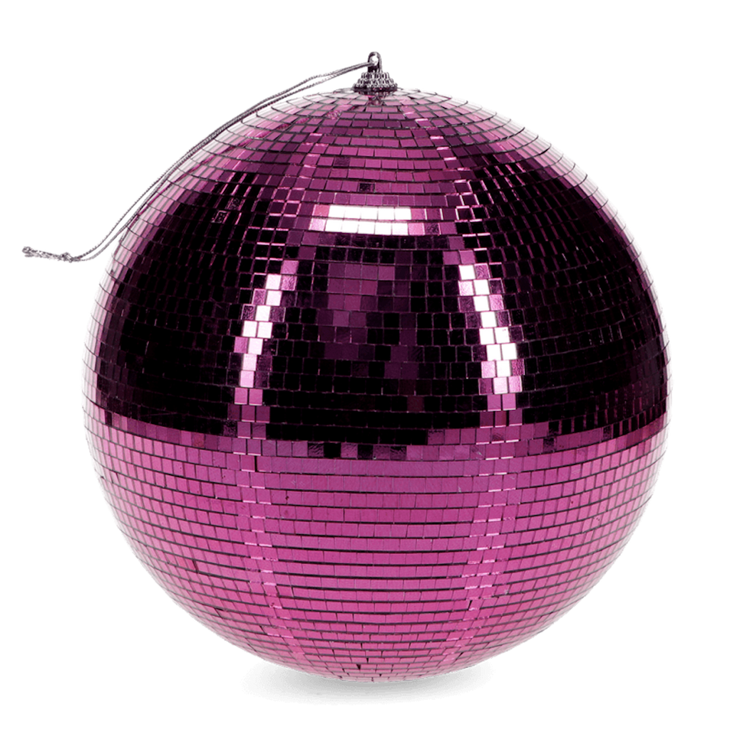 A shiny pink disco ball with reflective tiles hangs against a white background, evoking a vibrant and festive atmosphere.