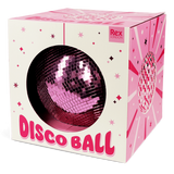 A pink disco ball partially exposed in a colorful box with star patterns, labeled "Disco Ball" and "Rex London," set against a white background.