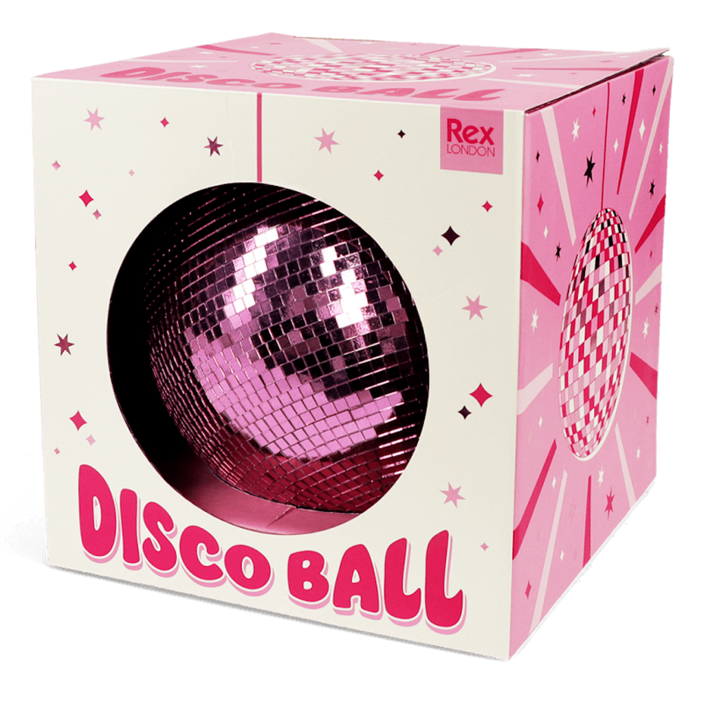 A pink disco ball partially exposed in a colorful box with star patterns, labeled "Disco Ball" and "Rex London," set against a white background.