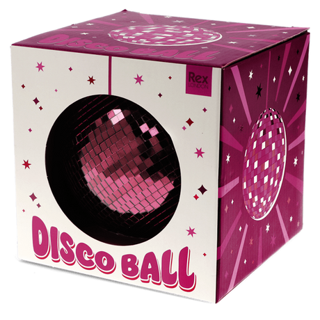 A pink Rex London disco ball packaged in a white and magenta box with star details.