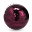 A hanging plum purple disco ball with reflective mirror tiles against a white background.