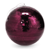 A hanging plum purple disco ball with reflective mirror tiles against a white background.