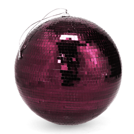 A hanging plum purple disco ball with reflective mirror tiles against a white background.