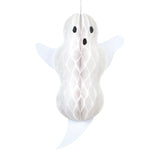 Single white paper honeycomb ghost decoration with open arms isolated on a white backdrop.