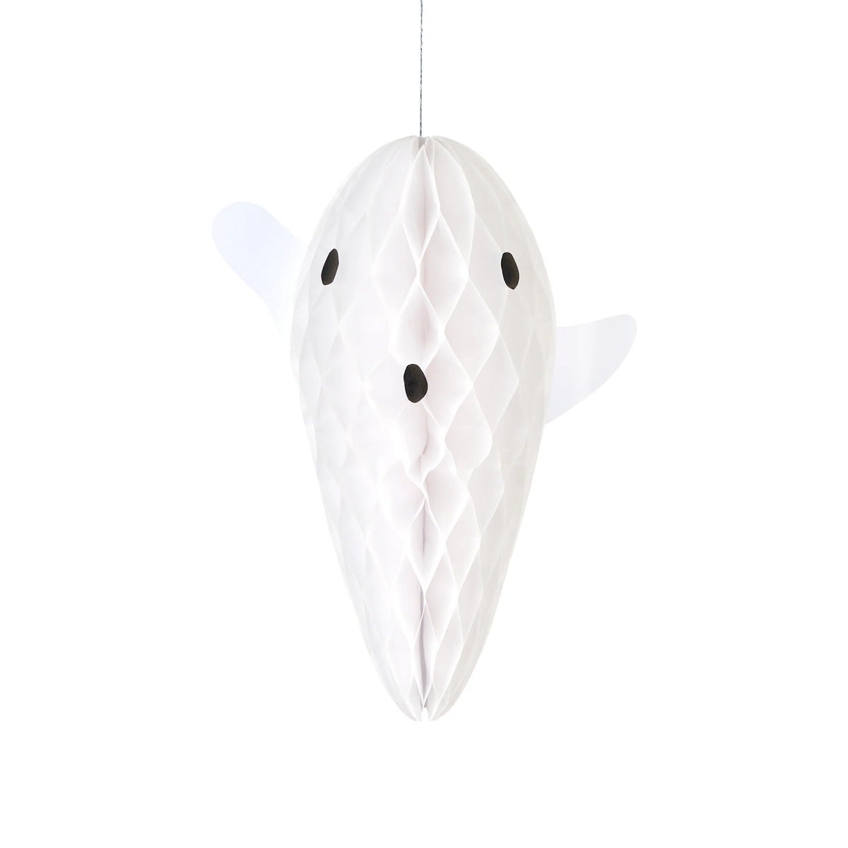 Single white paper honeycomb hanging ghost decoration with a tapered bottom and a surprised face.