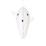 Single white paper honeycomb hanging ghost decoration with a tapered bottom and a surprised face.