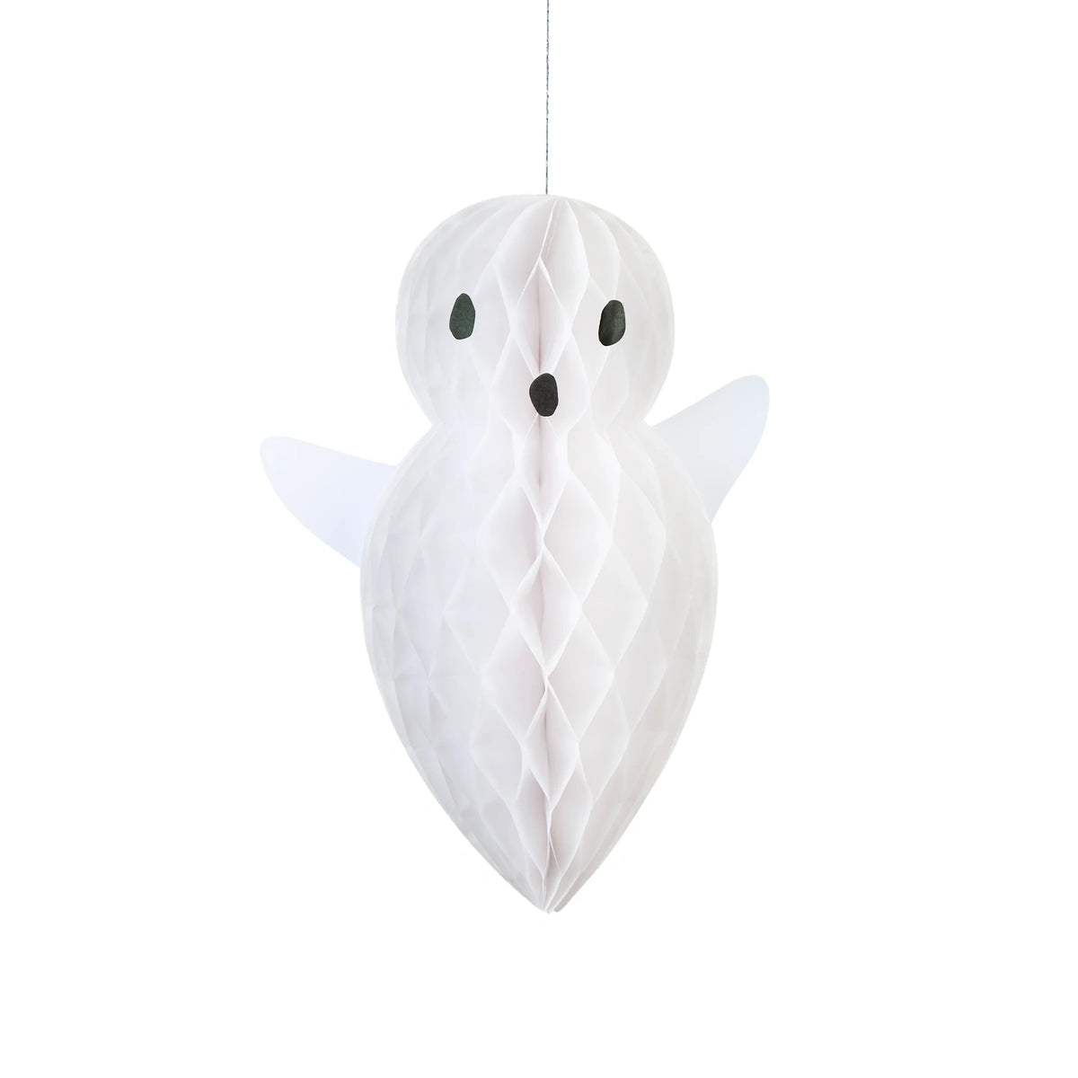 Single white paper honeycomb hanging ghost decoration with a rounded head and side wings.