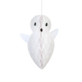 Single white paper honeycomb hanging ghost decoration with a rounded head and side wings.