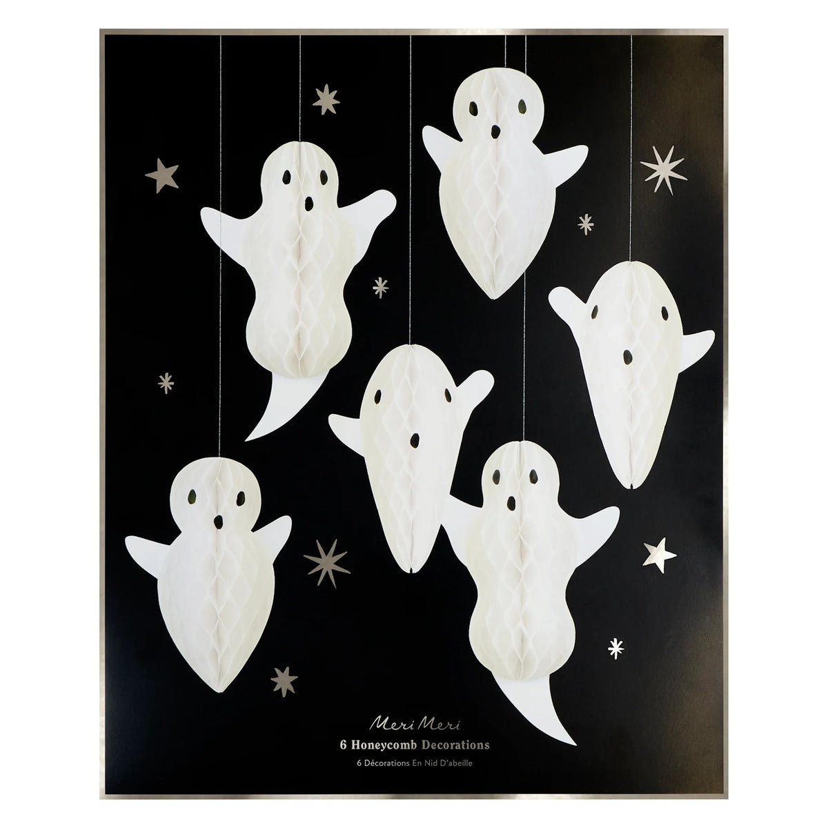 Meri Meri hanging ghost decorations packaging set containing 6 white paper honeycomb ghosts against a star-patterned black backdrop.