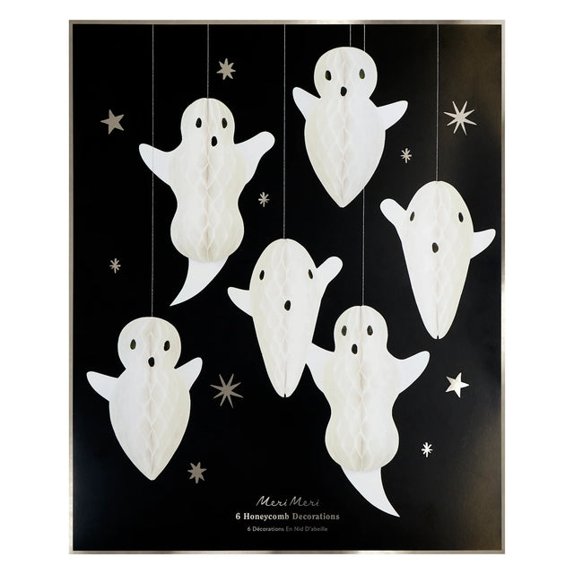 Meri Meri hanging ghost decorations packaging set containing 6 white paper honeycomb ghosts against a star-patterned black backdrop.