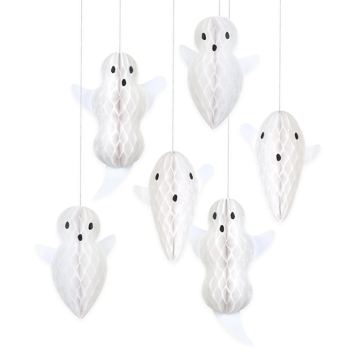 Six white paper honeycomb ghost decorations hanging against a white background.